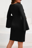 Pink Casual O Neck Slit Flare Sleeves Pencil Skirt Formal Evening Party Bodycon Midi Dress