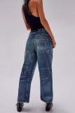 Dark Blue Casual Pocket Mid Waist Straight Leg Distressed Denim Jeans