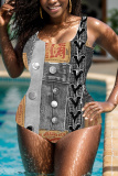 Blue Faux Denim Print Sleeveless Beach Vacation Swimwears One Piece Bodysuit