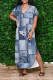 Dark Blue Faux Denim Print Long Sleeve Side Slit Floor Length Loose Vacation Baggy Maxi T-shirt Dress
