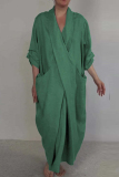Green Casual Pocket Slit V Neck Half Sleeve Long Loose Vacation Cotton And Linen Maxi Dresses