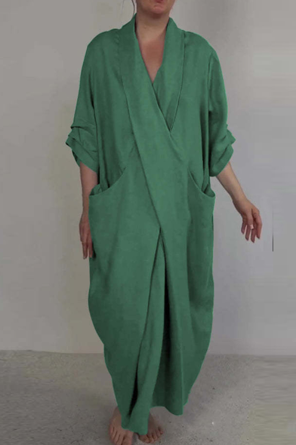 Green Casual Pocket Slit V Neck Half Sleeve Long Loose Vacation Cotton And Linen Maxi Dresses