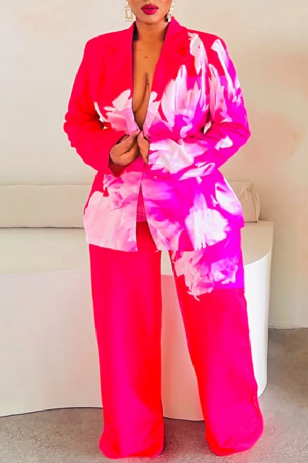 Rose Red Casual Floral Print Buttons Turn-back Collar Long Sleeve Blazer Jackets And Wide Leg Pants Formal Office Lady Two Piece Suit Set