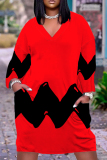 Yellow Black Graphcis Print V Neck Long Sleeve Pockets Casual Straight Loose Midi T-Shirt Dress