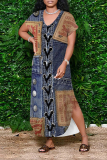 Dark Blue Faux Denim Print Long Sleeve Side Slit Floor Length Loose Vacation Baggy Maxi T-shirt Dress