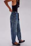 Dark Blue Casual Pocket Mid Waist Straight Leg Distressed Denim Jeans
