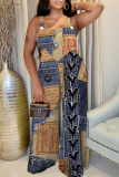 Dark Khaki Casual Boho Faux Denim Print V Neck Sleeveless Vacation Plus Size Wide Leg Cami Jumpsuits