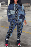 Dark Khak Faux Denim Print Long Sleeve Hooded Sweatshirt And Drawstring Pants Sportwear Casual Two Pieces Sweatpant Set