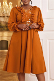 Brown Casual Beading V Neck Lantern Sleeve Ruffle Trim Formal Evening Party Wedding Guest A Line Pleated Midi Dresses