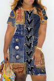 Dark Blue Casual Faux Denim Print Short Sleeve O Neck Wrapped Skirt Bodycon Midi T-shirt Dresses