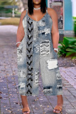 Dark Blue Casual Boho Faux Denim Print V Neck Sleeveless Vacation Plus Size Wide Leg Cami Jumpsuits