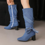 Casual Bow Decor Round Knee High Heel Mid Calf Boots