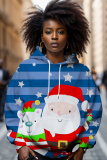 Dark Blue Casual Christmas Snowman Print Long Sleeve Fall Winter Hooded Sweatshirt