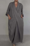 Green Casual Pocket Slit V Neck Half Sleeve Long Loose Vacation Cotton And Linen Maxi Dresses
