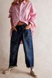 Dark Blue Casual Pocket Mid Waist Straight Leg Distressed Denim Jeans
