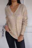 Silver Gray Casual V Neck Long Sleeve Knitted Sweater