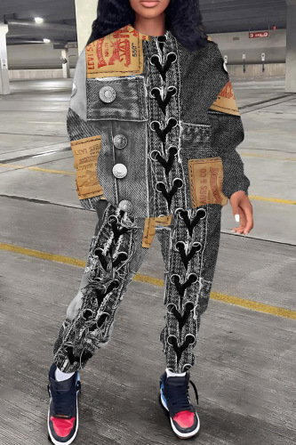 Dark Khak Faux Denim Print Long Sleeve Hooded Sweatshirt And Drawstring Pants Sportwear Casual Two Pieces Sweatpant Set