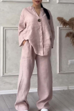 Light Pink Casual V Neck Long Sleeve Cotton Linen Blouse And Wide Leg Pants Vacation Two Pieces Trouser Sets