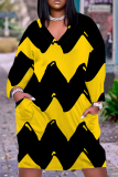 Yellow Black Graphcis Print V Neck Long Sleeve Pockets Casual Straight Loose Midi T-Shirt Dress
