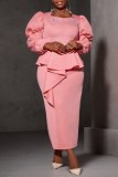 Pink Casual Square Neck Lantern Sleeve Ruffle Trim One Step Skirt Formal Evening Party Wedding Guest Bodycon Maxi Dress