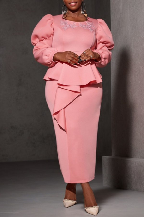 Pink Casual Square Neck Lantern Sleeve Ruffle Trim One Step Skirt Formal Evening Party Wedding Guest Bodycon Maxi Dress