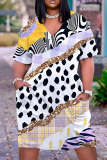 Orange Leopard Print Casual V Neck Short Sleeve Loose Pockets Midi T-Shirt Dress