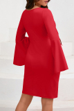 Pink Casual O Neck Slit Flare Sleeves Pencil Skirt Formal Evening Party Bodycon Midi Dress