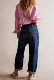 Dark Blue Casual Pocket Mid Waist Straight Leg Distressed Denim Jeans