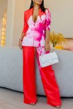 Rose Red Casual Floral Print Buttons Turn-back Collar Long Sleeve Blazer Jackets And Wide Leg Pants Formal Office Lady Two Piece Suit Set