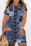 Dark Blue Casual Faux Denim Print Short Sleeve O Neck Wrapped Skirt Bodycon Midi T-shirt Dresses