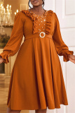 Brown Casual Beading V Neck Lantern Sleeve Ruffle Trim Formal Evening Party Wedding Guest A Line Pleated Midi Dresses