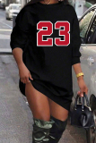 Black Casual Letter Print O Neck Long Sleeve Straight Short Midi Sweatshirt Dresses