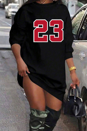 Black Casual Letter Print O Neck Long Sleeve Straight Short Midi Sweatshirt Dresses
