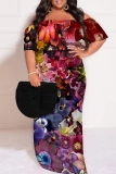 Multicolor Casual Floral Print Off Shoulder Flutter Sleeve Long Loose Vacation Plus Size Maxi Dresses