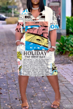 Light Blue Casual Zebra Print V Neck Short Sleeve Plus Size Loose Pockets Midi T-Shirt Dress