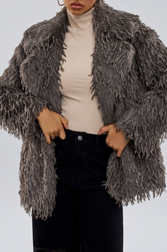 Khaki Casual Turndown Collar Long Sleeve Faux Fur Cardigan Jackets