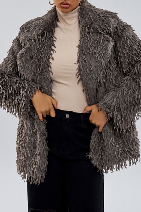 Khaki Casual Turndown Collar Long Sleeve Faux Fur Cardigan Jackets