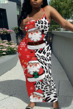 Red Casual Graphcis Print Sleeveless Backless Spaghetti Strap Long Bodycon Maxi Slip Dress