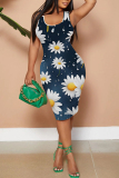Navy Blue Casual Graphics Print U Neck Sleeveless Vacation Bodycon Midi Tank Dress