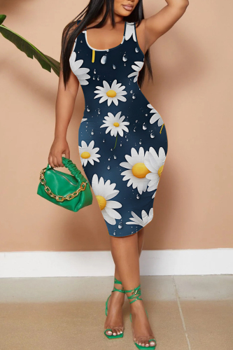 Navy Blue Casual Graphics Print U Neck Sleeveless Vacation Bodycon Midi Tank Dress