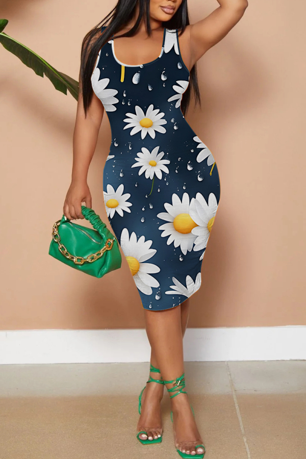 Navy Blue Casual Graphics Print U Neck Sleeveless Vacation Bodycon Midi Tank Dress