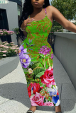 Black White Casual Floral Print Sleeveless Backless Spaghetti Strap Long Bodycon Maxi Slip Dress