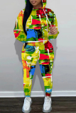 Green Graphcis Print Long Sleeve Hooded Sweatshirt And Drawstring Pants Sportwear Casual Two Pieces Sweatpant Set