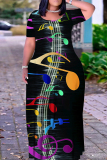 Black Orange Casual Graphics Print O Neck Short Sleeve Straignt T Shirt Maxi Dresses
