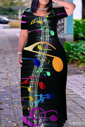 Black Orange Casual Graphics Print O Neck Short Sleeve Straignt T Shirt Maxi Dresses