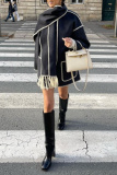 Black White Fringe Trim Long Sleeve Woolen Coat Contrast Stitching High Neck Winter Oversized Outerwear