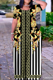 Black Orange Casual Graphics Print O Neck Short Sleeve Straignt T Shirt Maxi Dresses