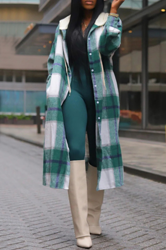Green Plaid Hooded Longline Shacket Casual Streetwear Oversized Button-Down Maxi Coat Long Sleeve Fall Winter Jacket