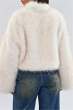 White Casual Long Sleeve Cardigan Faux Mink Fur Crop Jacket