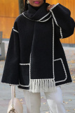 Black White Fringe Trim Long Sleeve Woolen Coat Contrast Stitching High Neck Winter Oversized Outerwear